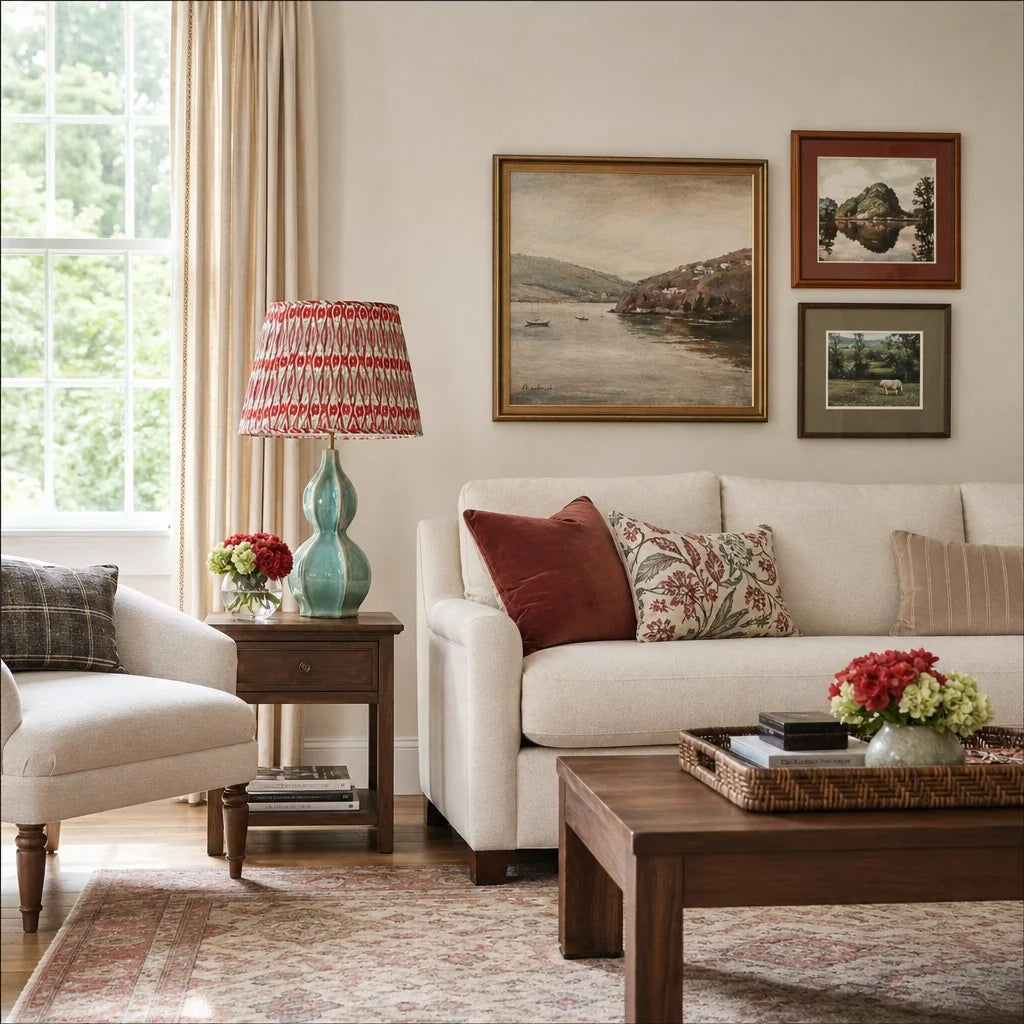 Living room with a beige sofa, armchair, and coffee table with decorative items.