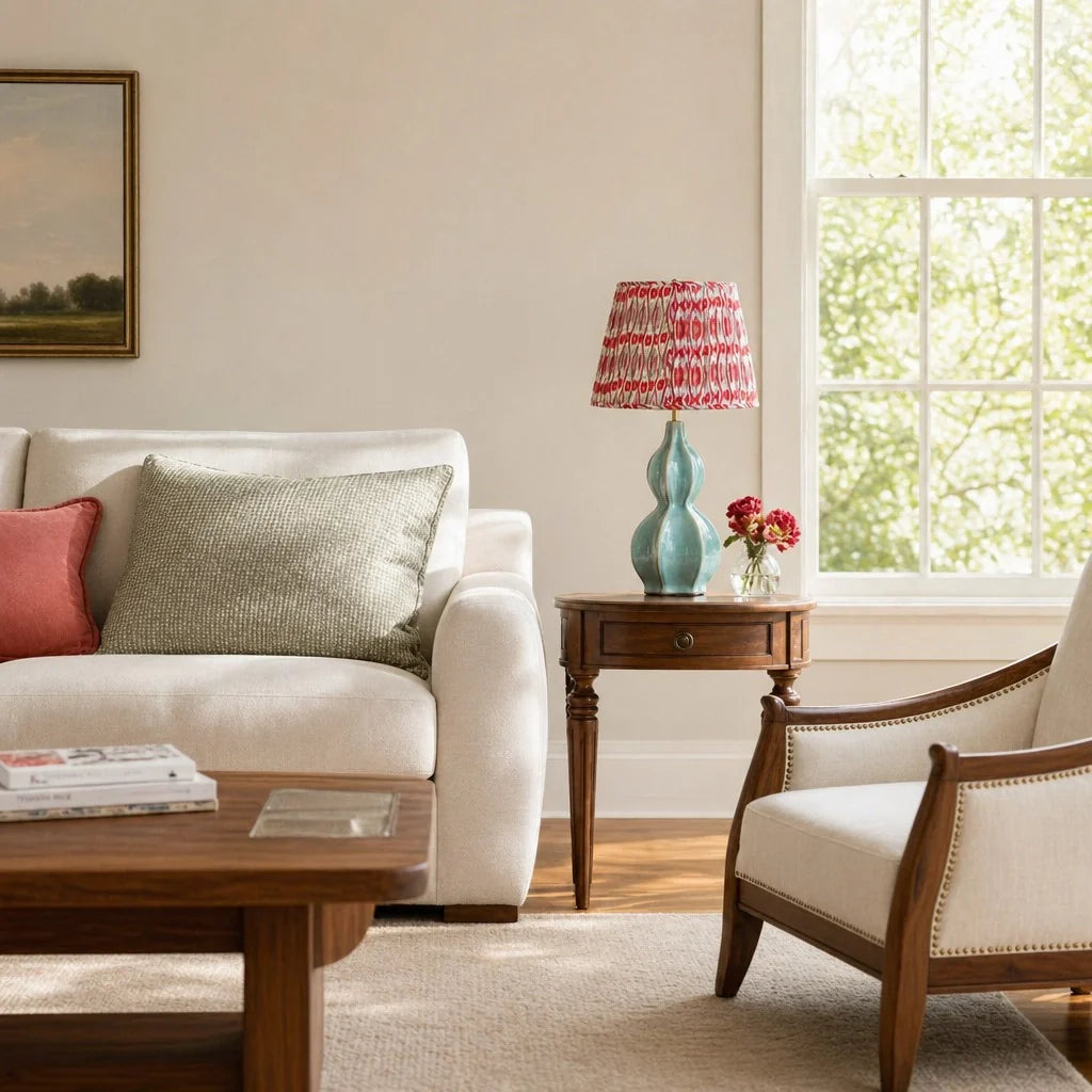 Living room with a white sofa, wooden coffee table, and armchair.