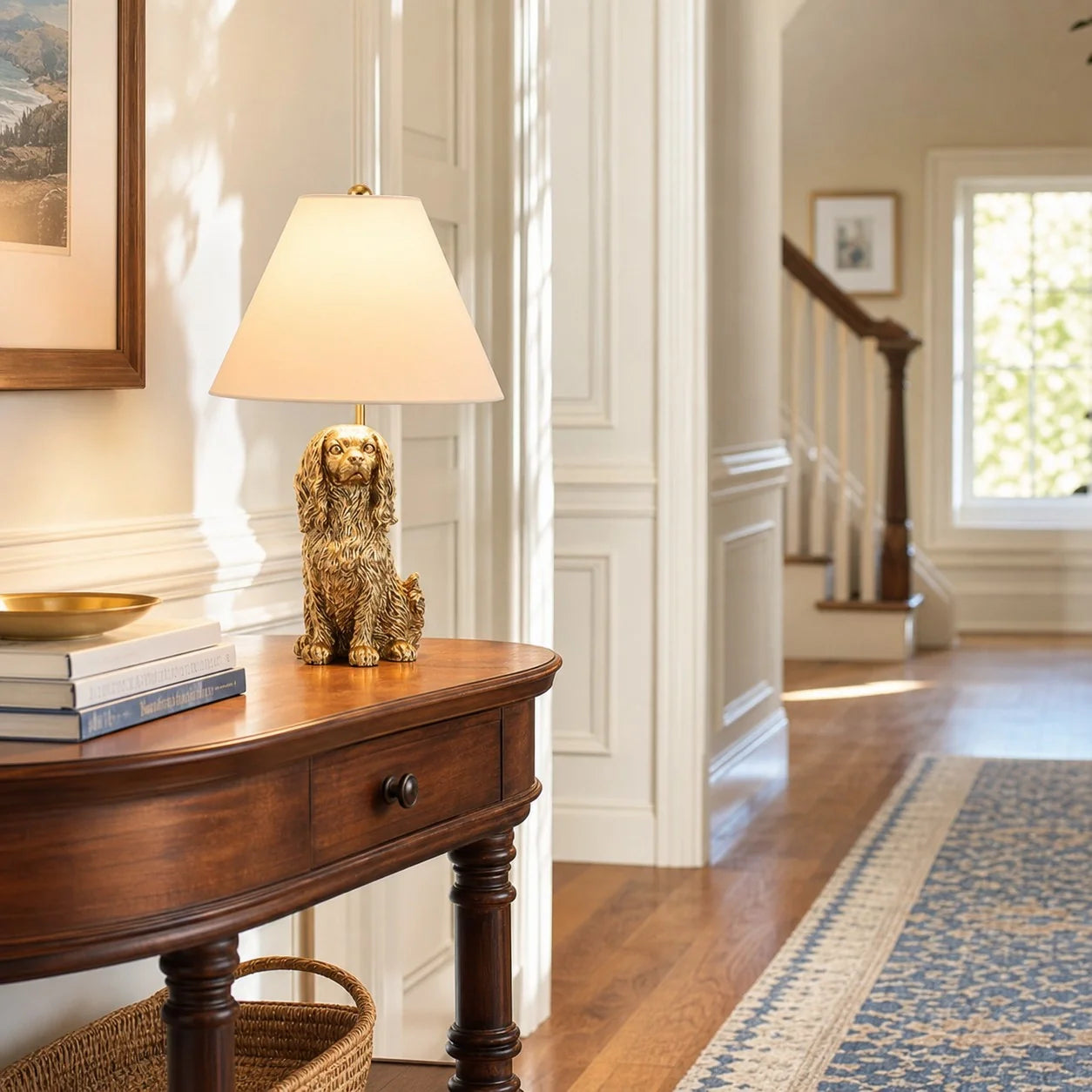 A decorative table lamp with a gold-colored dog figurine base and a warm cream-colored conical shade, displayed on a dark wood console table in a bright, elegant hallway.