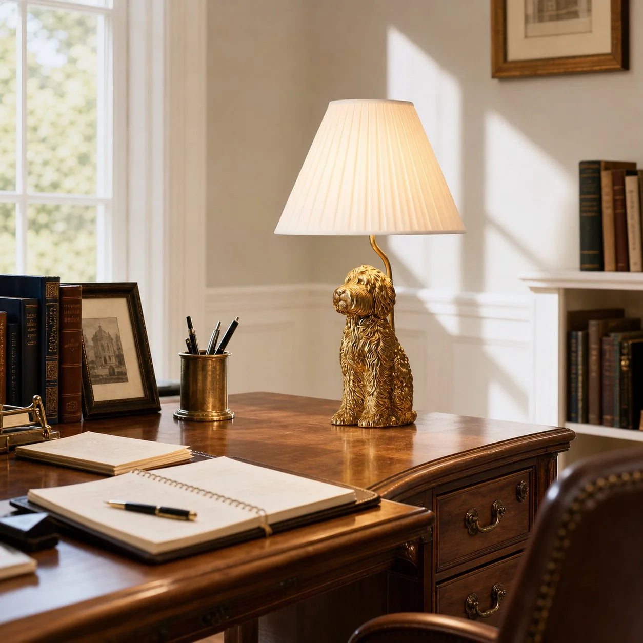 A decorative table lamp shaped like a golden dog sits on a polished wooden desk in a sunlit home office. The lamp has a pleated off-white shade and a textured gold dog base.