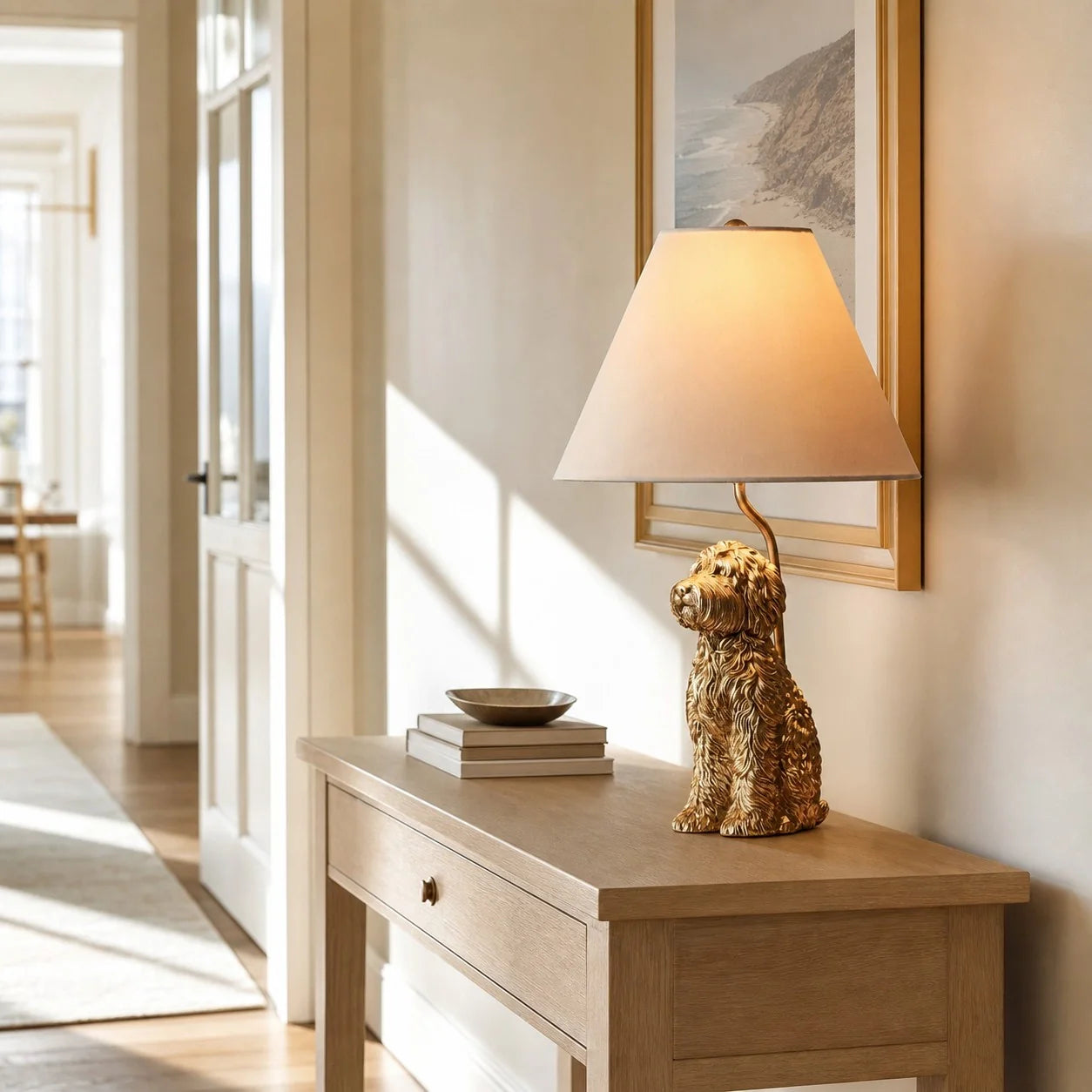 A table lamp with a textured gold dog-shaped base and a warm beige conical shade, placed on a light wood console table in a sunlit hallway.