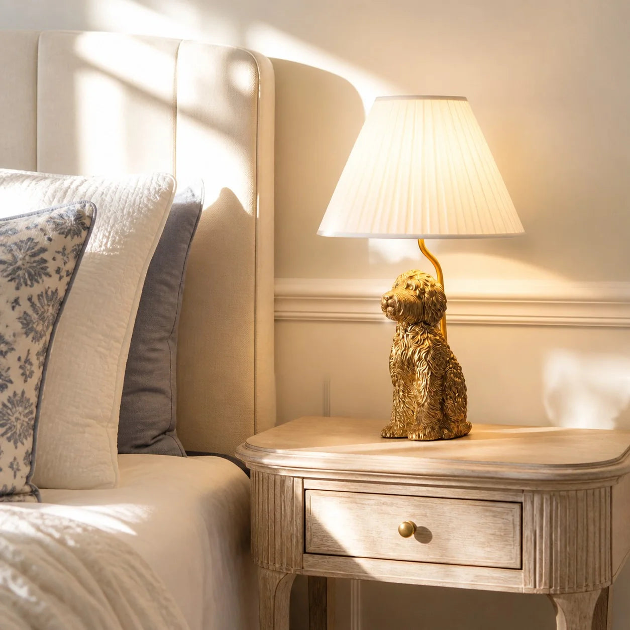 A bedside table lamp with a gold dog-shaped base and a white pleated drum shade, placed on a light wood nightstand next to a bed with cream bedding and patterned pillows.