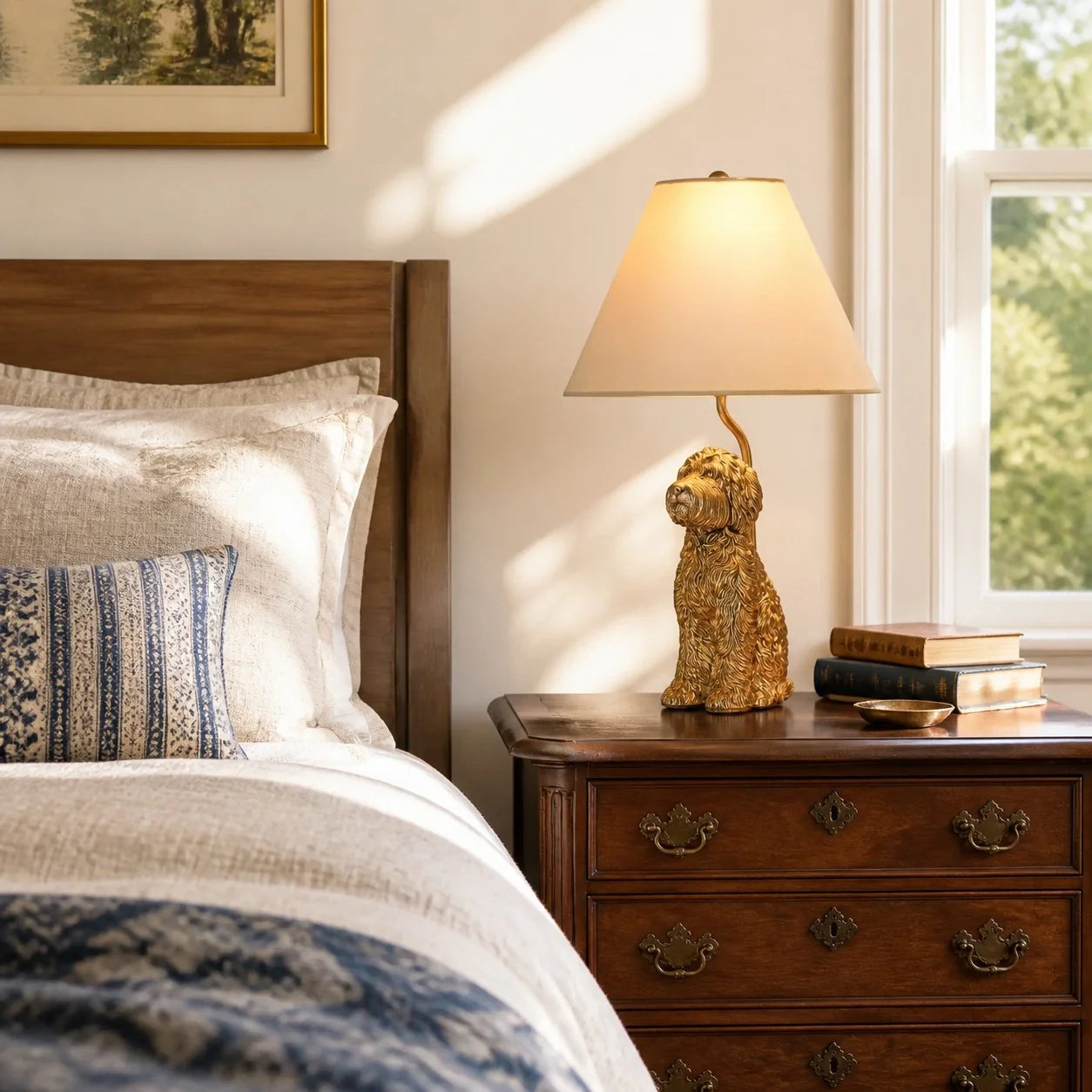A warm-gold dog-shaped table lamp with a beige conical shade sits on a dark wood nightstand beside a bed in a sunlit bedroom.