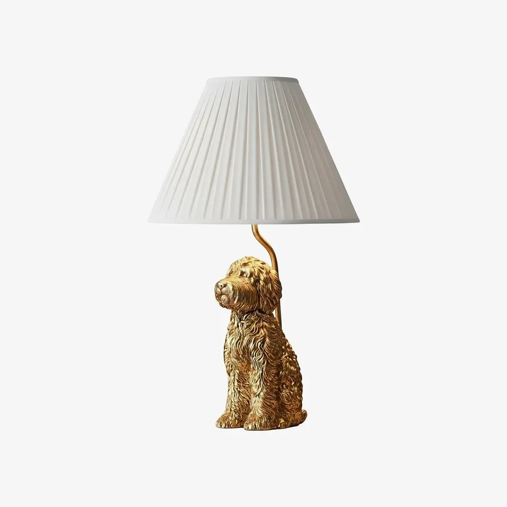 Dog-shaped lamp with a pleated white shade on a white background