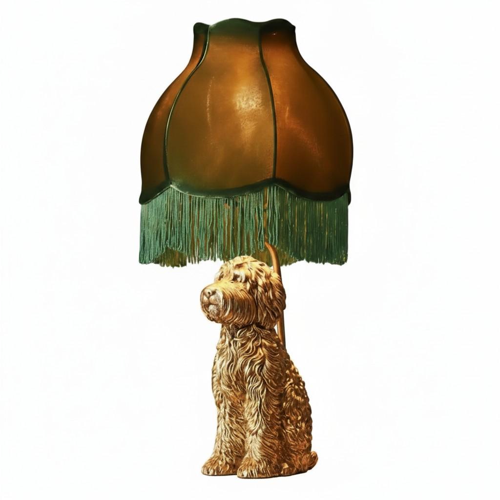 Table lamp with a dog-shaped base and fringed shade on a white background
