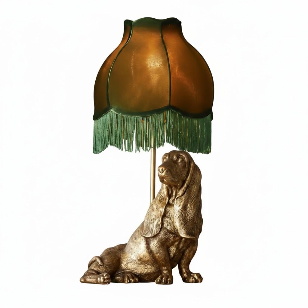 Dog-shaped table lamp with a brown lampshade on a white background