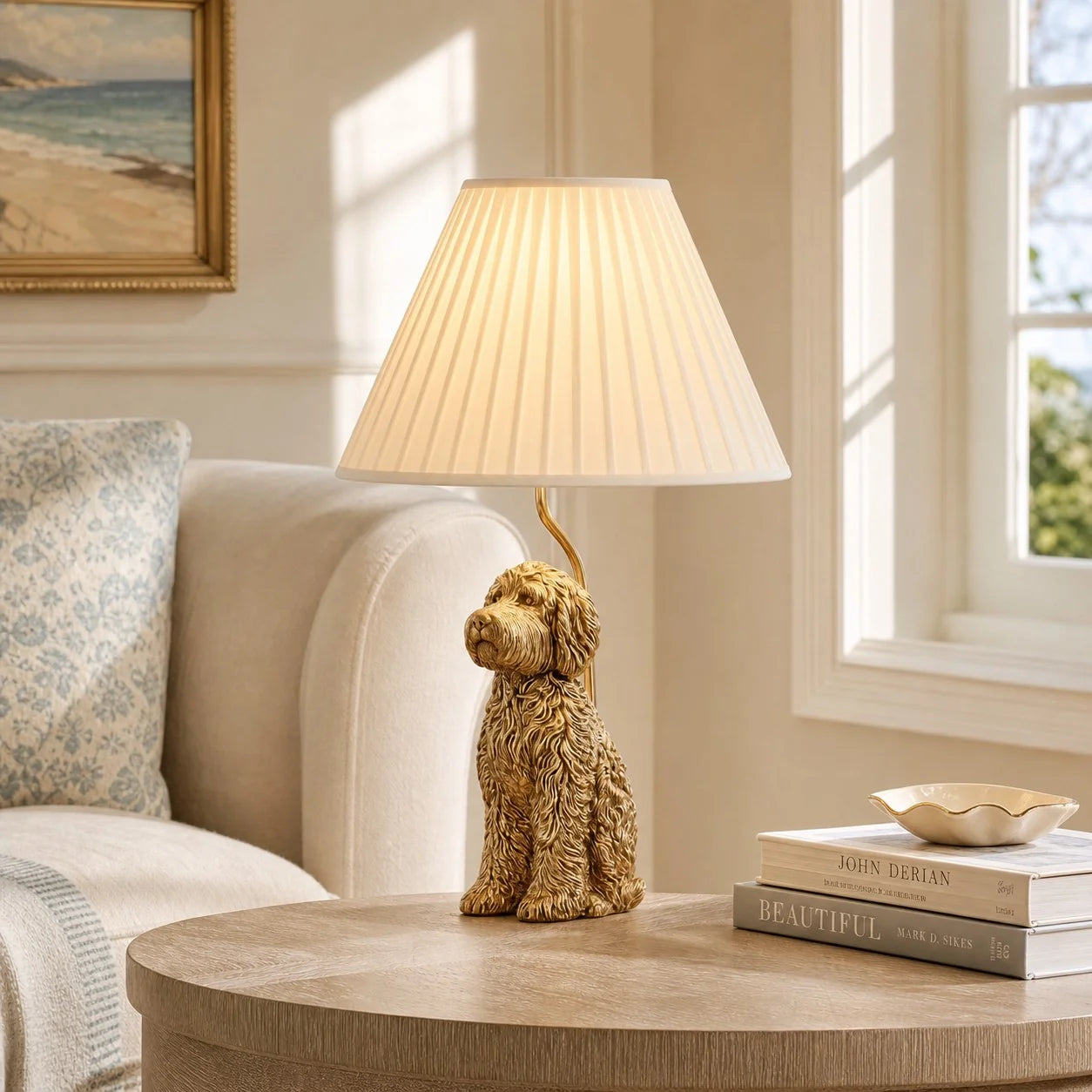 A table lamp shaped like a small golden dog sitting on a round wooden table in a softly lit living room. The lamp has a pleated cream shade and a textured gold dog base.