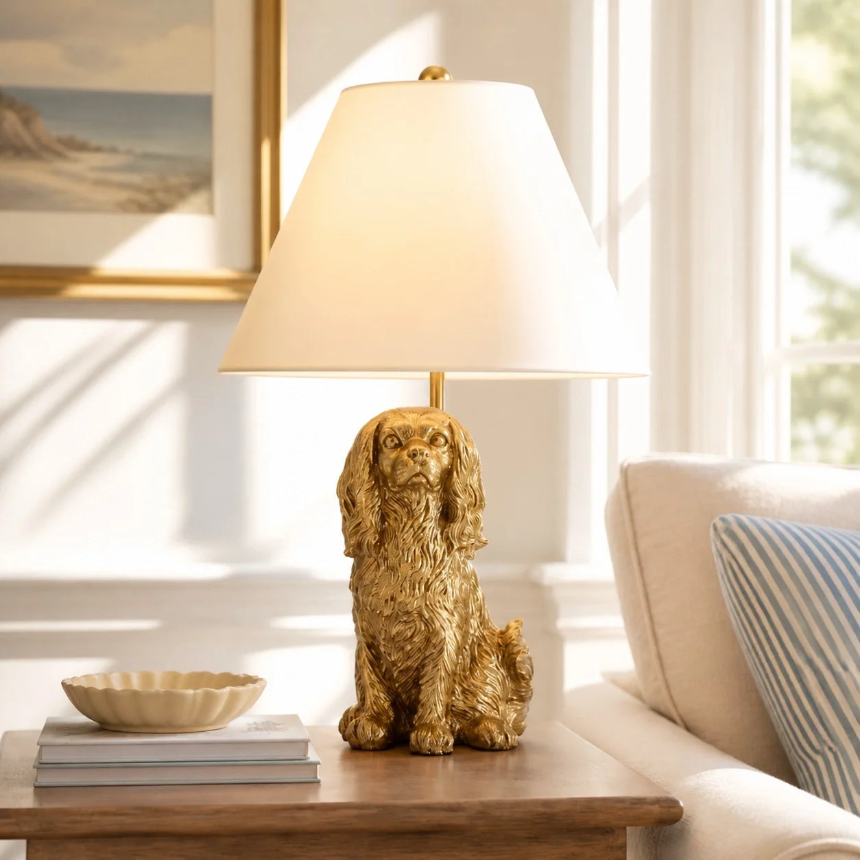 A table lamp shaped like a golden dog sitting on a wooden side table in a bright living room. The lamp has a warm cream-colored fabric shade and a textured gold dog figurine base.