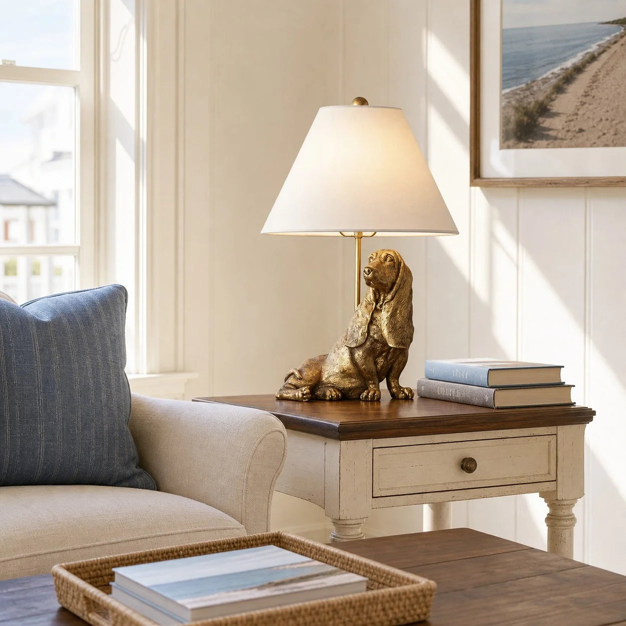 A lit table lamp with a gold-finished dog figurine base and a white conical shade, placed on a wooden side table in a bright living room setting.