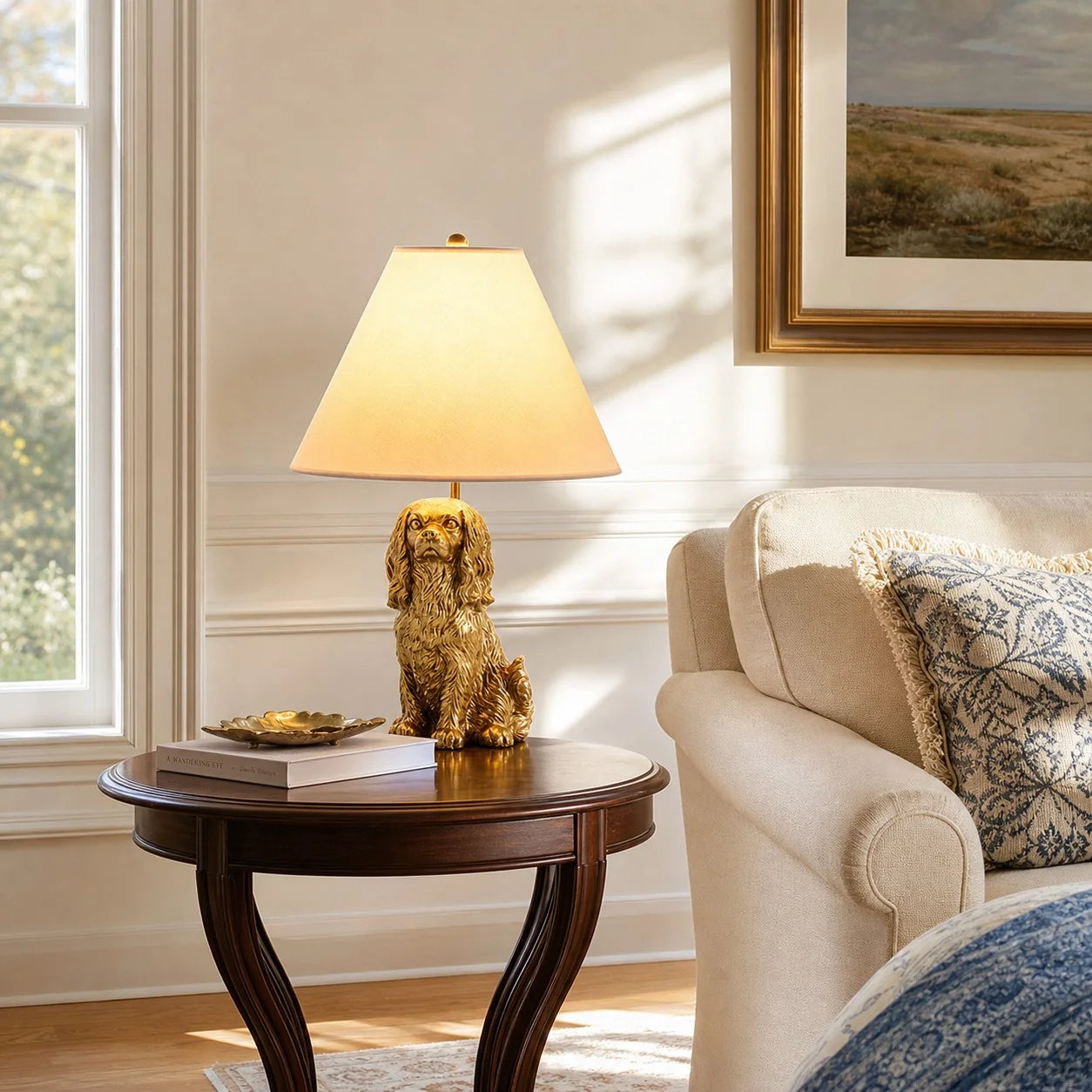 A decorative table lamp with a warm cream shade and a gold-colored dog figurine base, styled on a dark wood side table next to a beige armchair in a sunlit living room.