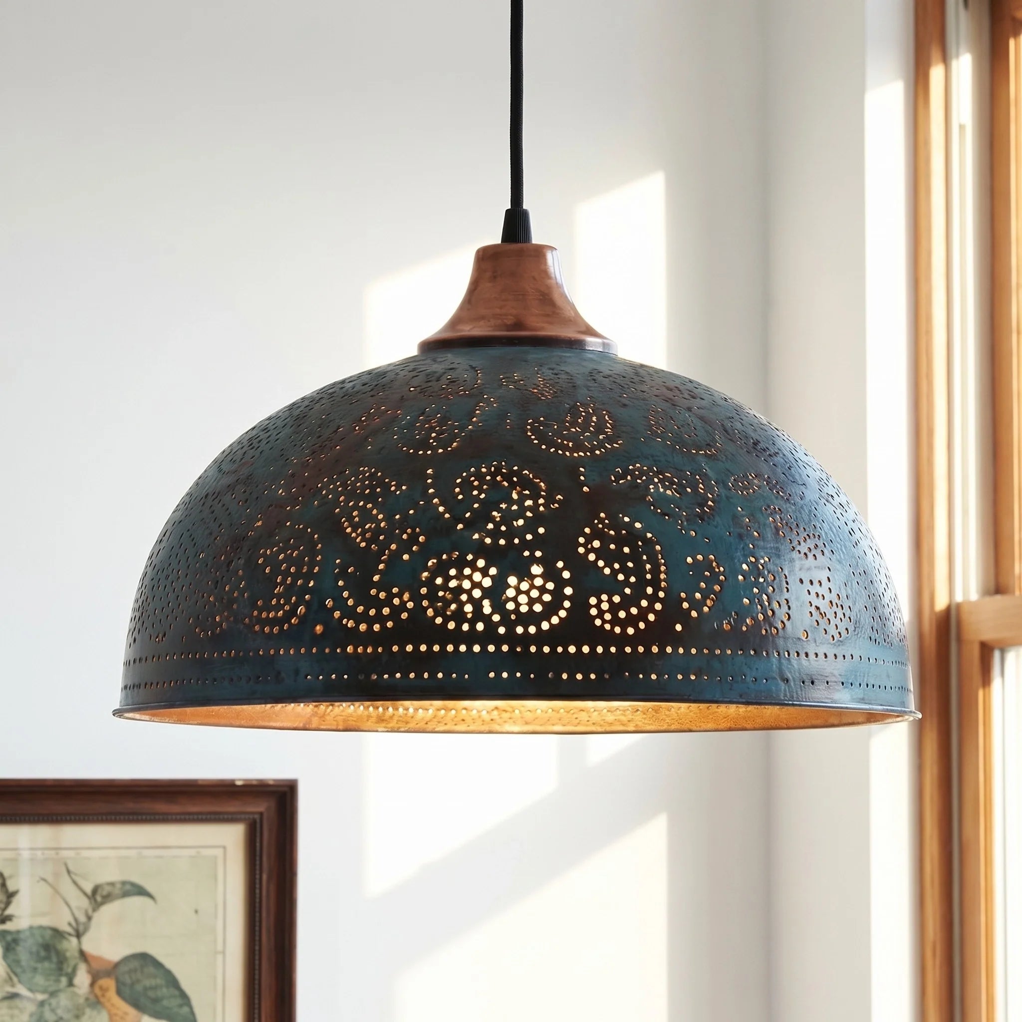 Decorative pendant light with intricate design in a room setting
