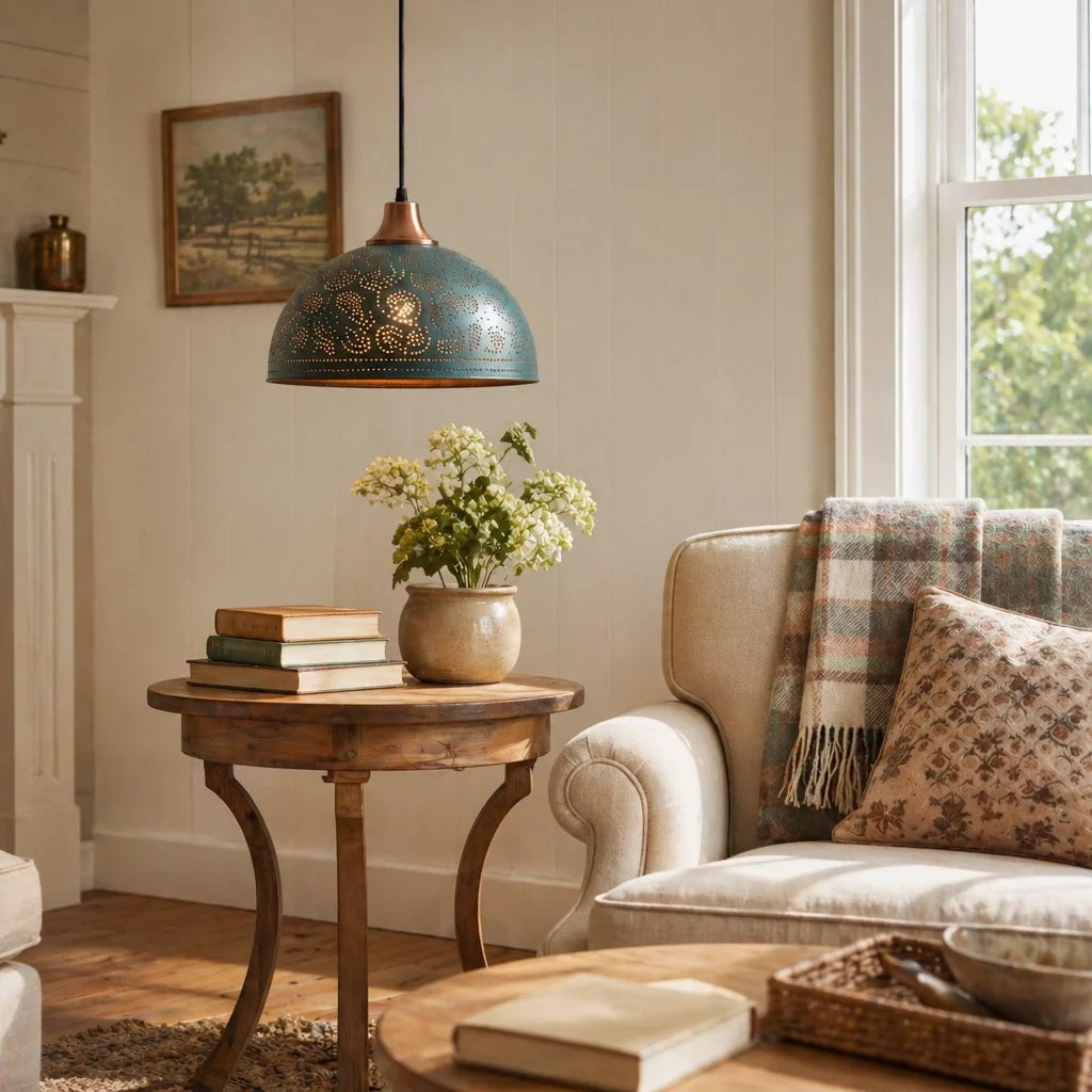 A teal blue pendant lamp with gold floral detailing hangs over a cozy living room corner with a wooden side table, books, a vase of flowers, and a cream-colored armchair with a plaid throw blanket.