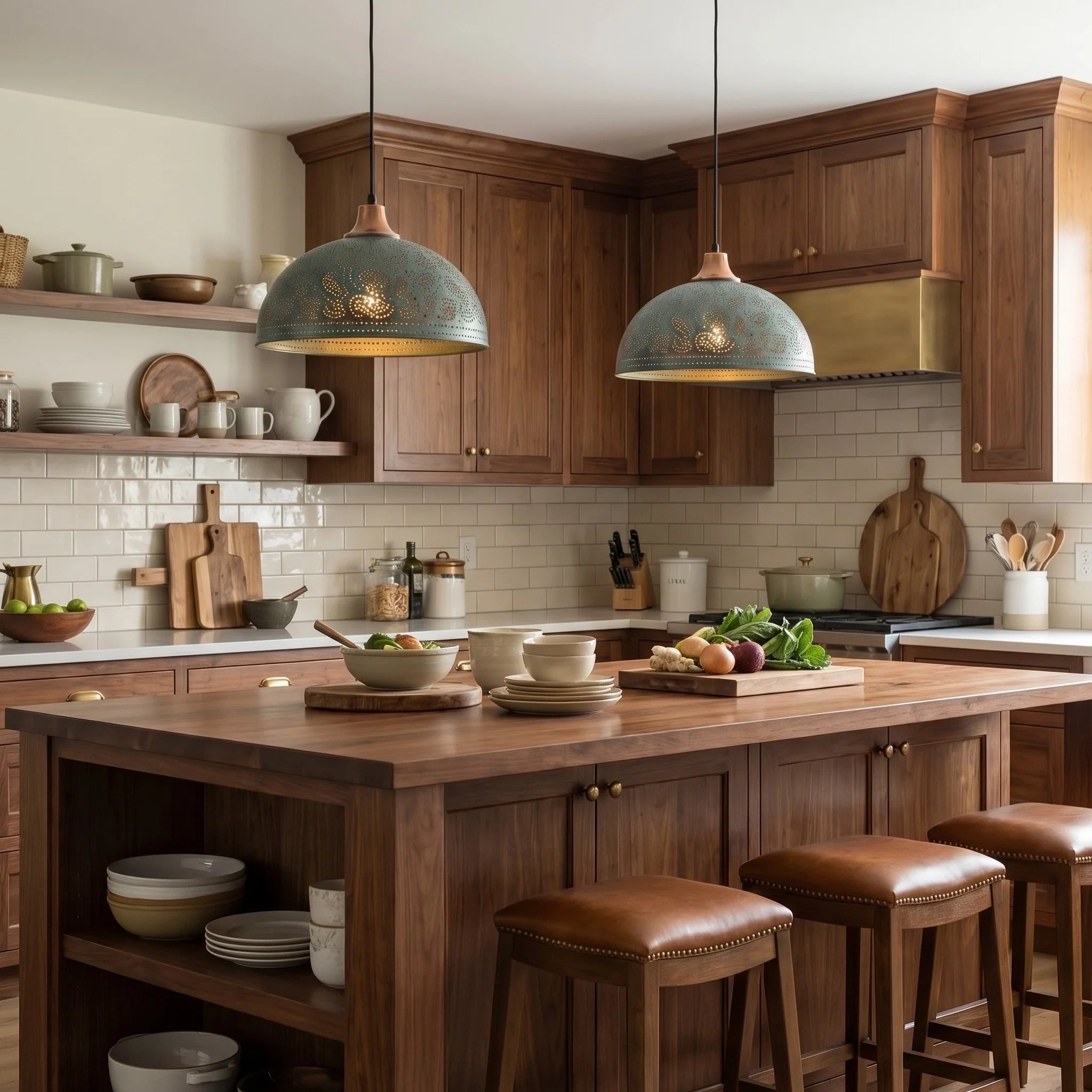 Wooden kitchen island with stools in a well-lit kitchen.