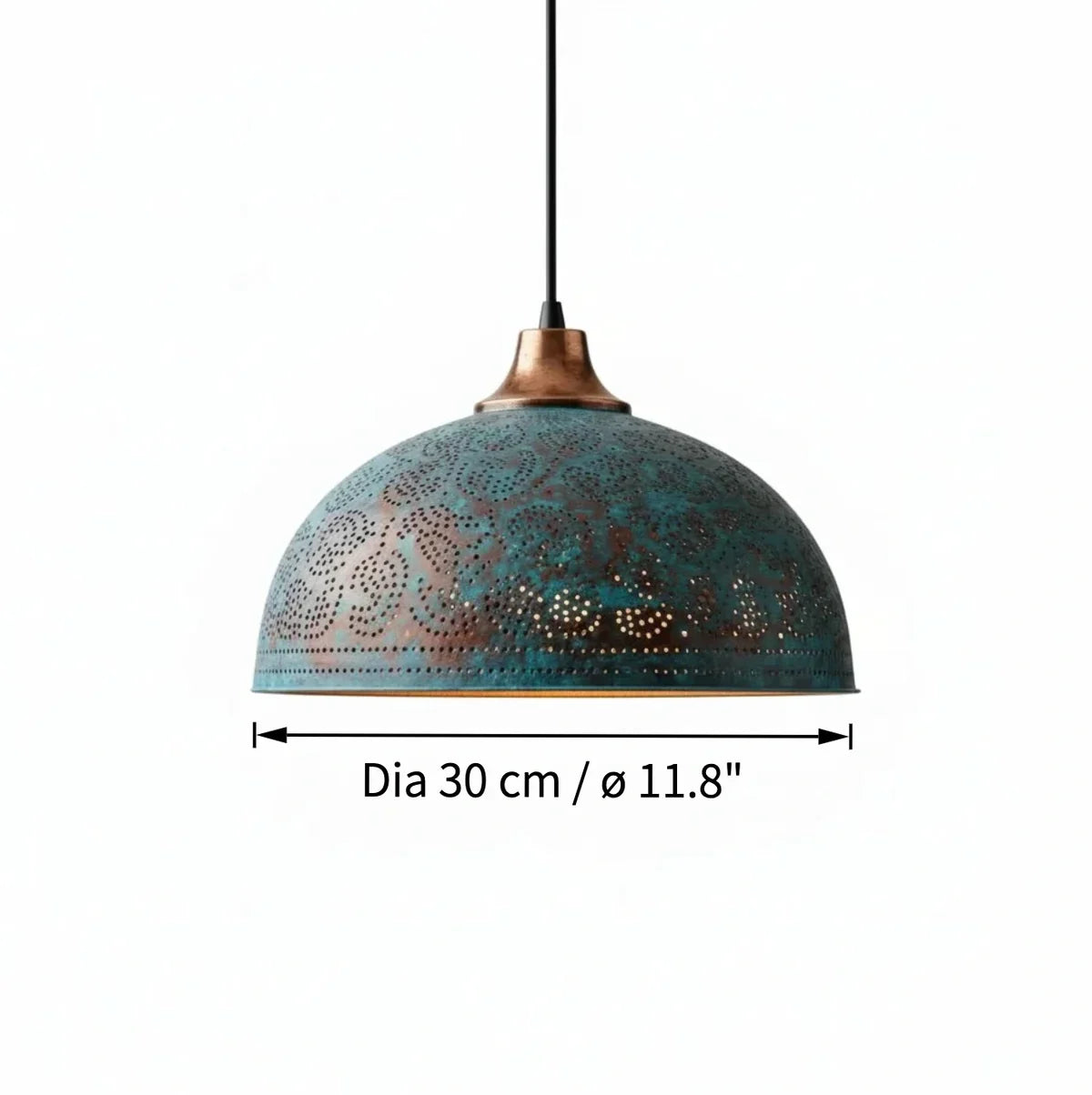 A hanging dome-shaped pendant light with a distressed teal and bronze metal shade featuring laser-cut circular patterns, shown with a dimension label indicating a diameter of 30 cm (11.8 inches).