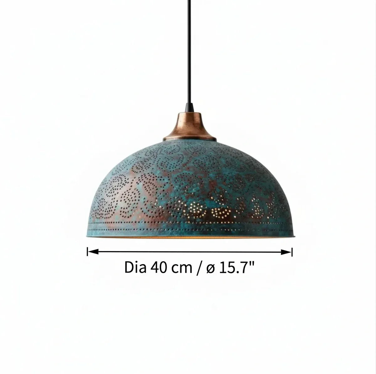 A dome-shaped pendant light with a distressed teal and bronze metal finish, featuring intricate laser-cut patterns. A dimension overlay indicates a diameter of 40 cm (15.