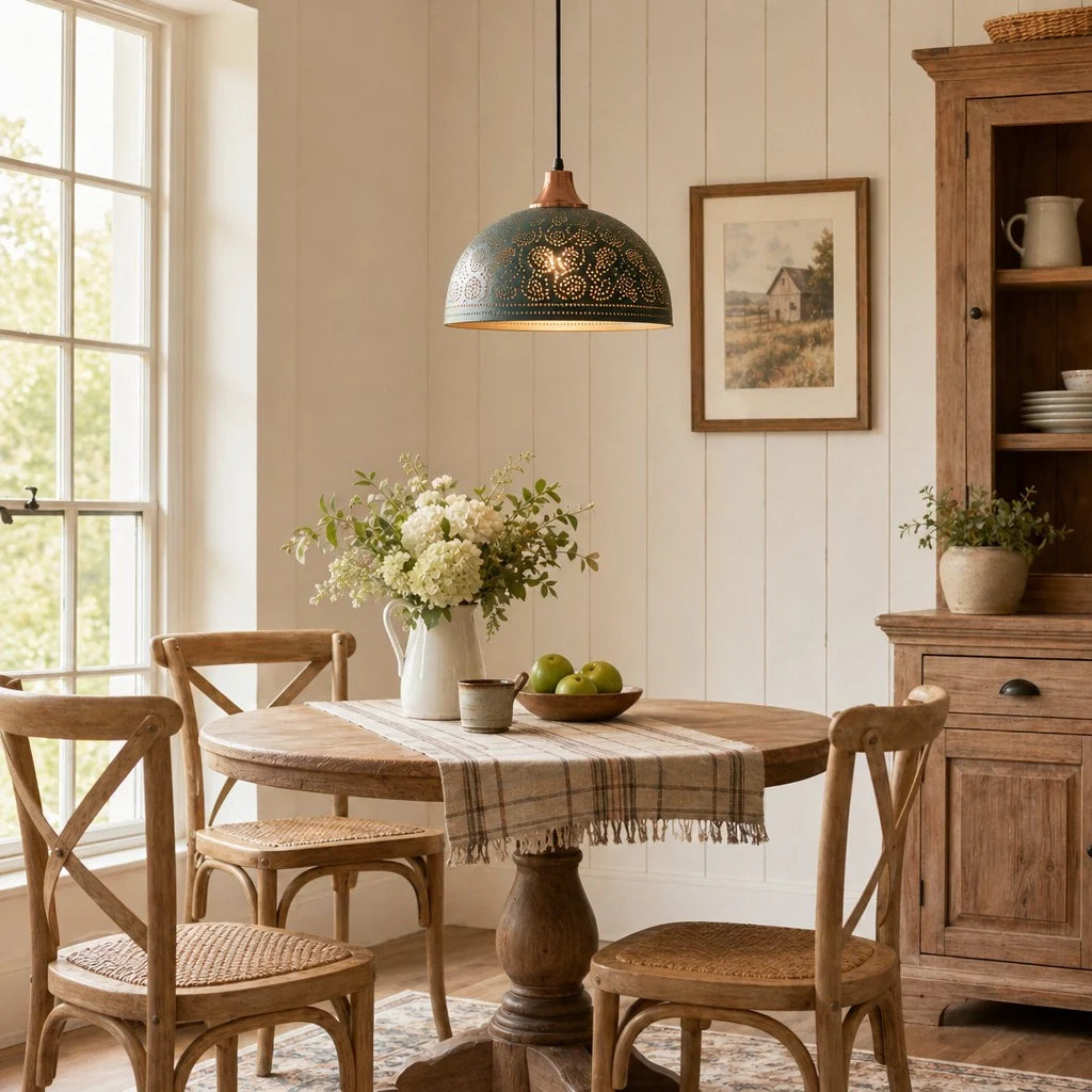 Dining room with wooden furniture, table, chairs, and decorative elements.
