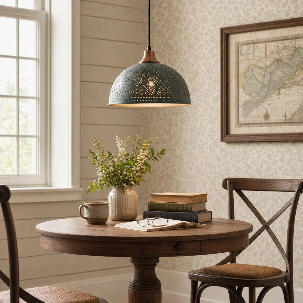 Dining room with wooden table, chairs, and decorative elements.