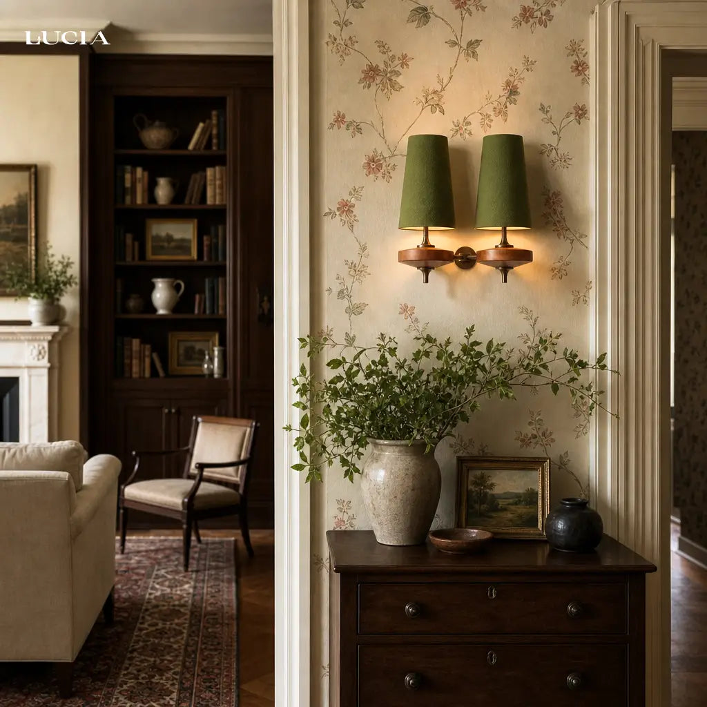 Living room with floral wallpaper, green wall sconces, and a fireplace.