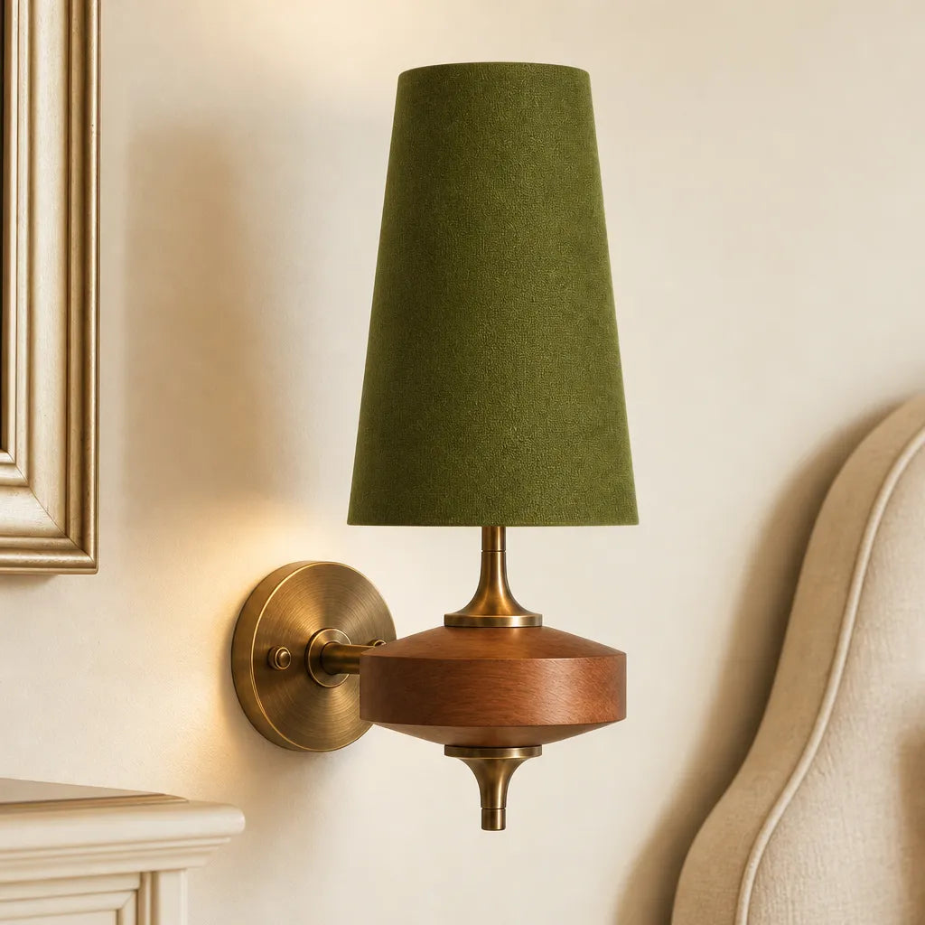 Wall-mounted lamp with green shade and brass base on a neutral wall.