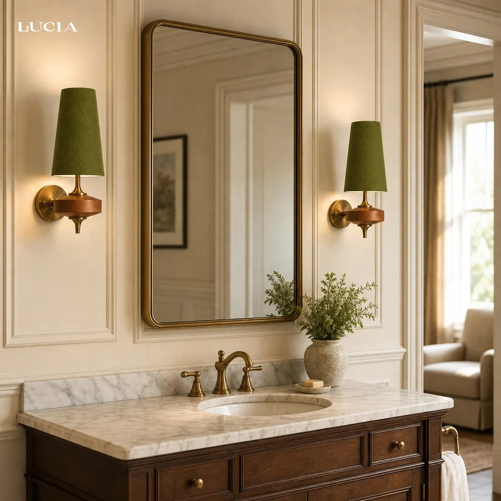 Bathroom vanity with marble countertop, sink, and large mirror above.