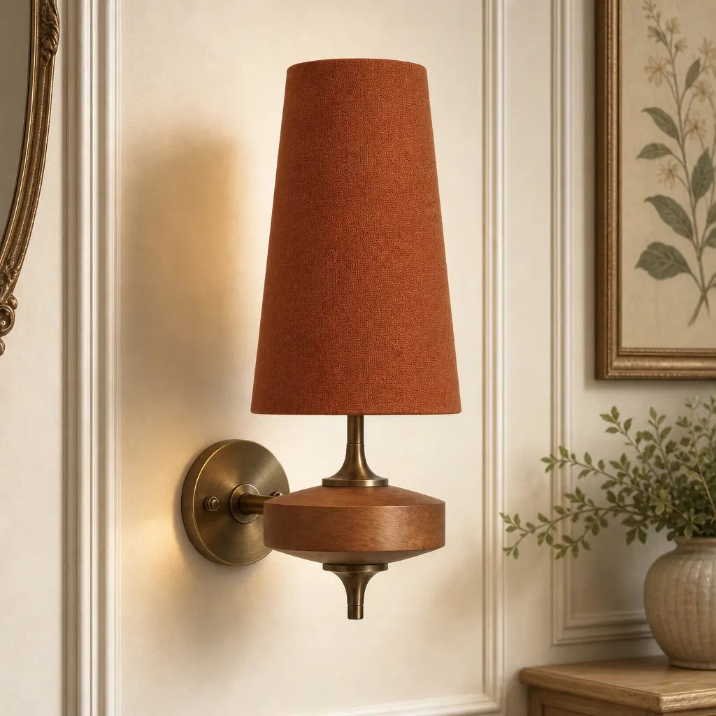 Wall-mounted lamp with brown shade and wooden base in a room setting.