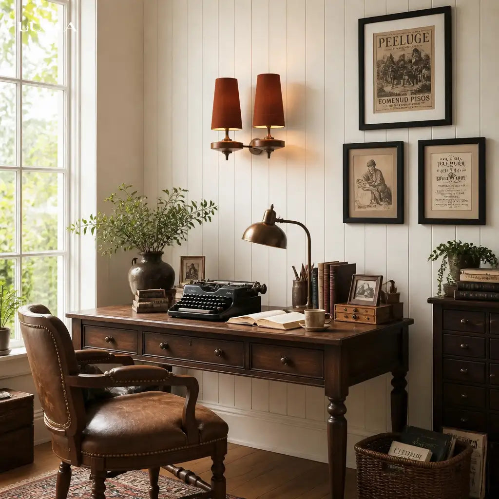 Vintage office setup with wooden desk, leather chair, typewriter, and framed pictures.
