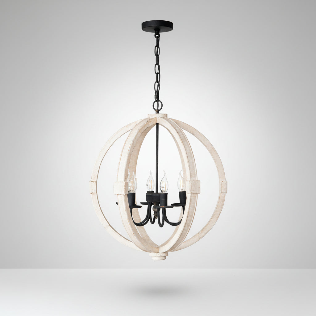 White 6 Light Wood Chandelier for Dining Room